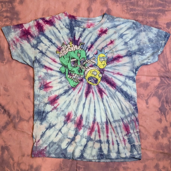 💀Rick and Morty Tie Dye Skull Tee trippy zombie neon large graphic unisex teen - Picture 2 of 7